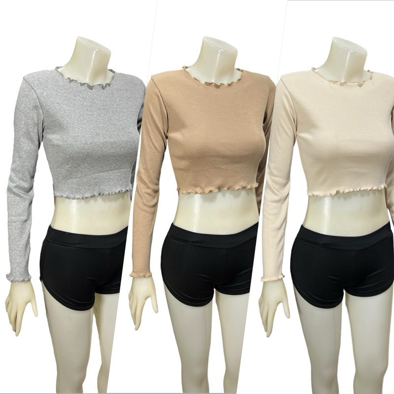 Sns302เสื้อครอปเอวผ้าร่อง1x1ขอบหยักคอกลมแขนยาว