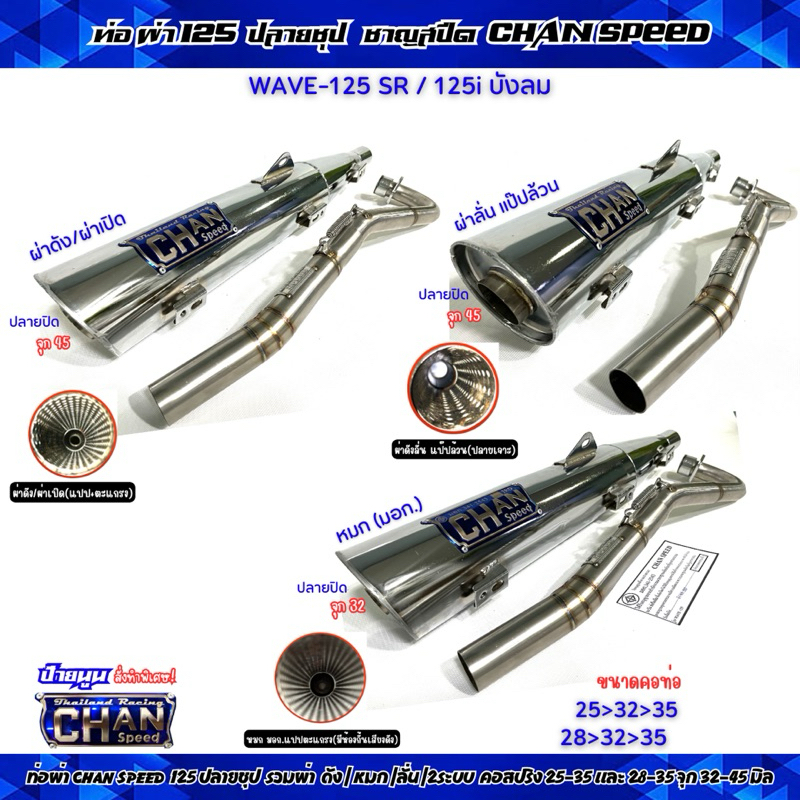 ท่อผ่าชาญสปีด W-125sr/125i บังลม ปลายชุปเลส รวมผ่าดัง/หมก มอก./ผ่าลั่น คอไล่สปริง 25-35/28-35 จุก32และ45มิล