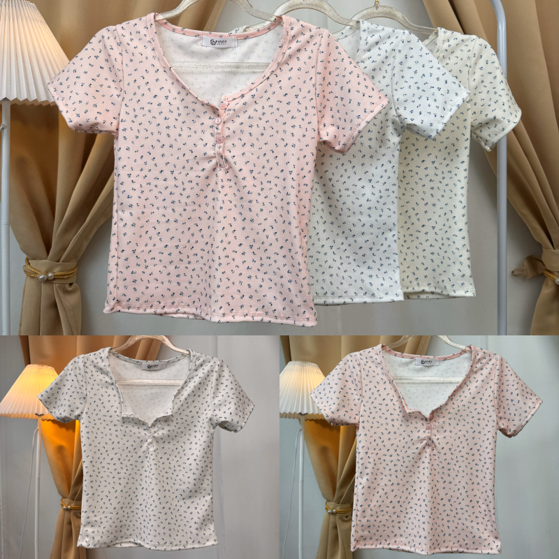 เสื้อยืดคอกลมเว้า แขนสั้น กระดุมใช้งานได้จริง แต่งลายดอกไม้น่าร้าก ผ้ายืดนิ่มใส่สบาย รุ่น ลักขณา