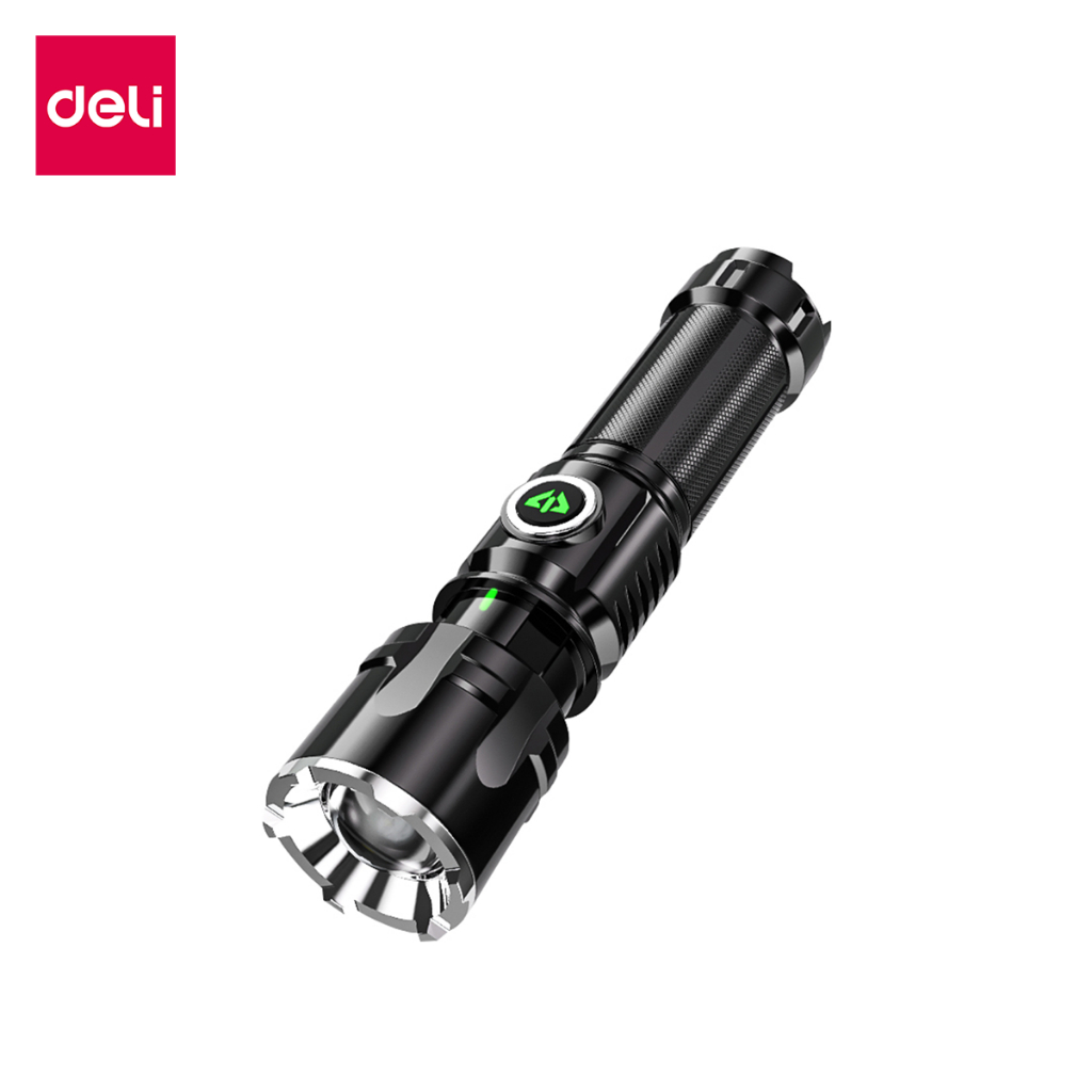 Deli ไฟฉายแรงสูง ไฟฉาย led ส่องสว่าง ซูมได้ พกพา ทนทาน ชาร์จได้ โดนน้ำโดนฝนได้ ชาร์จ USB Flashlight