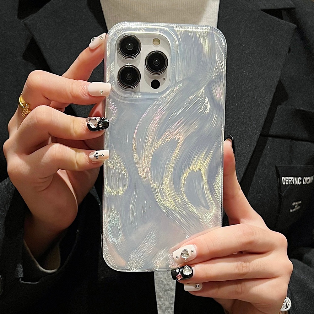 For iPhone 11 12 13 14 15 Pro Max 14 Plus 15 Plus เคสโทรศัพท์โปร่งใสแบบนุ่มด้วยเลเซอร์โฮโลแกรมขนนกสีเงินหรูหรา