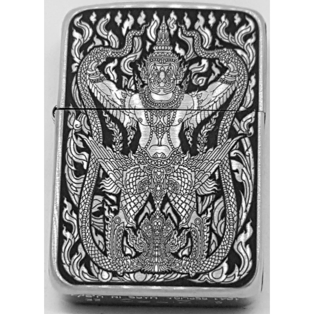Zippo Replica Brass 1941 ของแท้ สีเงินด้าน ยิงเลเซอร์ ลายพญาครุฑจับนาค 5 ด้าน