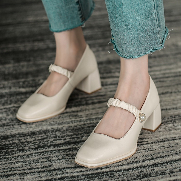 [จัดส่งในประเทศไทย] รองเท้าส้นสูง ทรงสี่เหลี่ยม แฟชั่นสําหรับผู้หญิง การเดินทางประจําวันนักเรียนช้อปปิ้งรองเท้าหนังขนาดเ