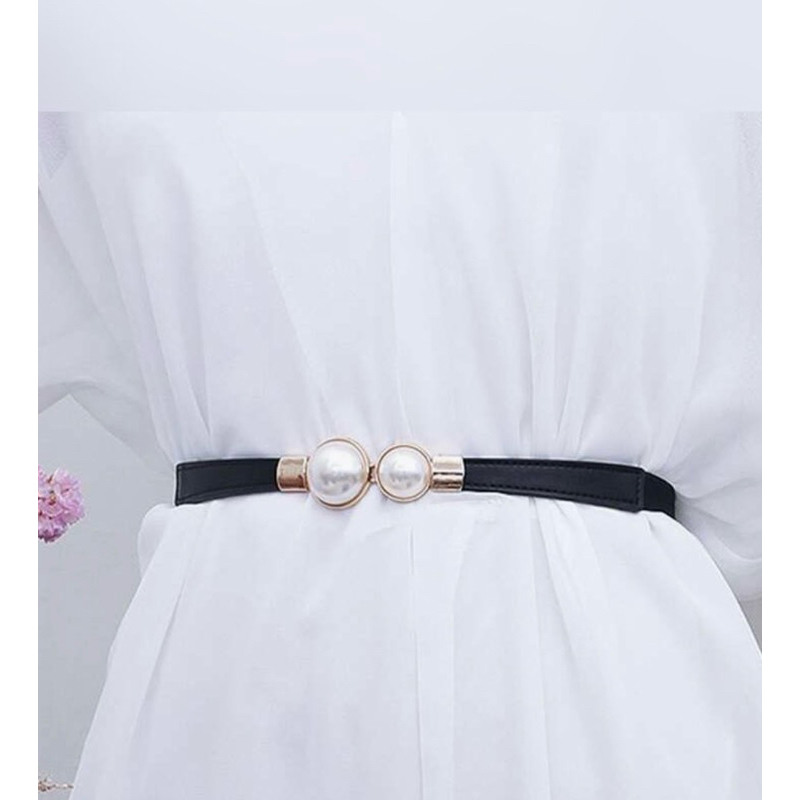 เข็มขัดยางยืด หัวเกี่ยวมุก มีสีขาวและสีดำ พร้อมส่ง
