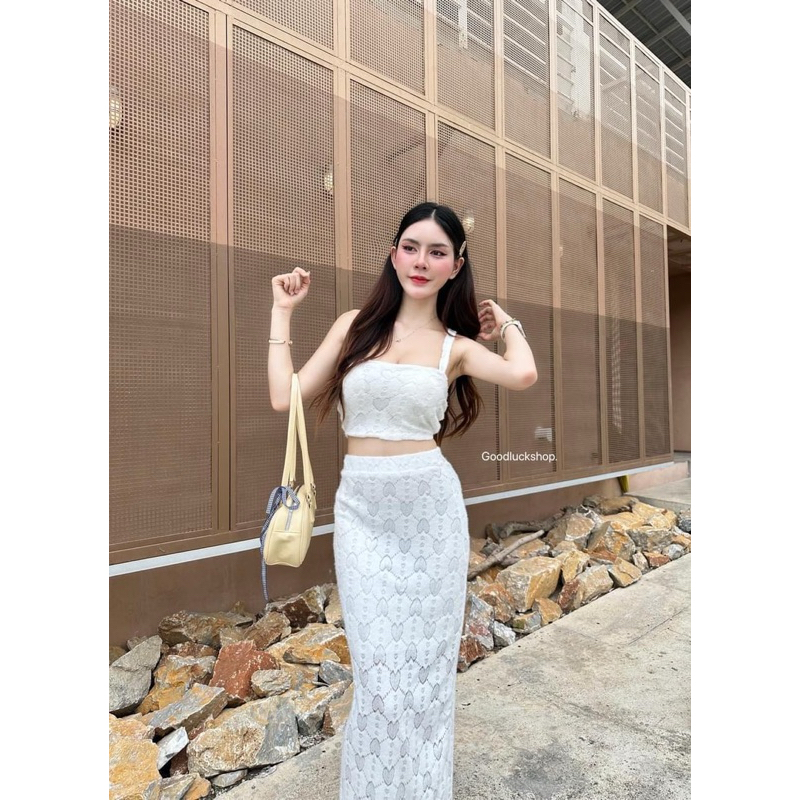 Phapassz - Set 2 pcs’ เสื้อเกาะอก-กระโปรง ผ้ายืดลายหัวใจ เนื้อผ้าสวยมากก Goodluck