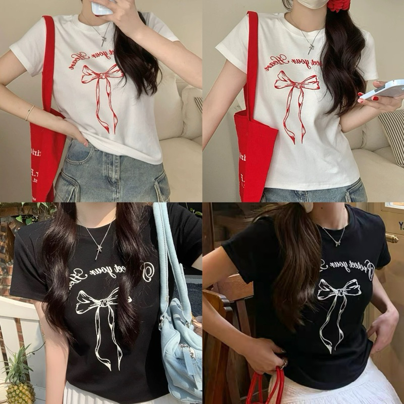 พร้อมส่ง Lalita shirts เสื้อยืดแขนสั้นพิมพ์ลายโบว์ มินิมอลมินิใจ น่ารักคุณหนูสุดๆ