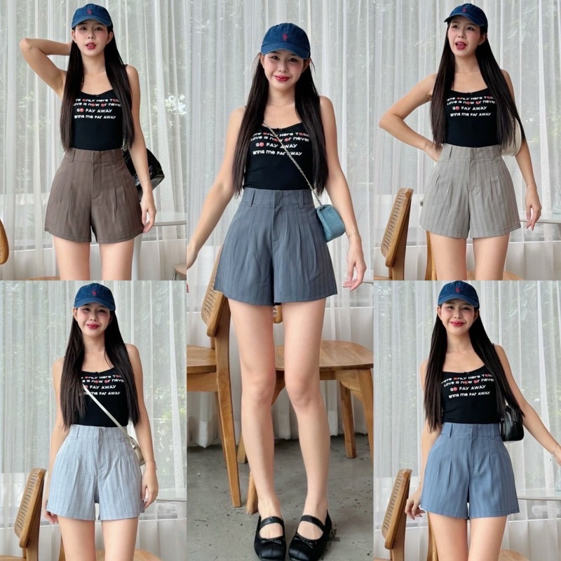 ใหม่ สายแต่งตัวห้ามพลาด!! กางเกงขาสั้นลายริ้ว ผ้าสโนว์ ใส่สบายไม่ร้อน ตีเกร็ดจับจีบหน้า งานซิปหน้าตะขอหน้า