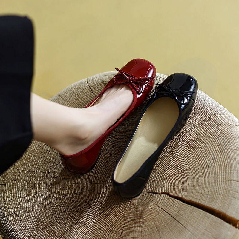 ♥จัดส่งใน24ขั่วโมง♥ รองเท้าหนัง ส้นหนา หัวเหลี่ยม ประดับโบว์ สีไวน์แดง แฟชั่นฤดูร้อน สําหรับผู้หญิง35-40
