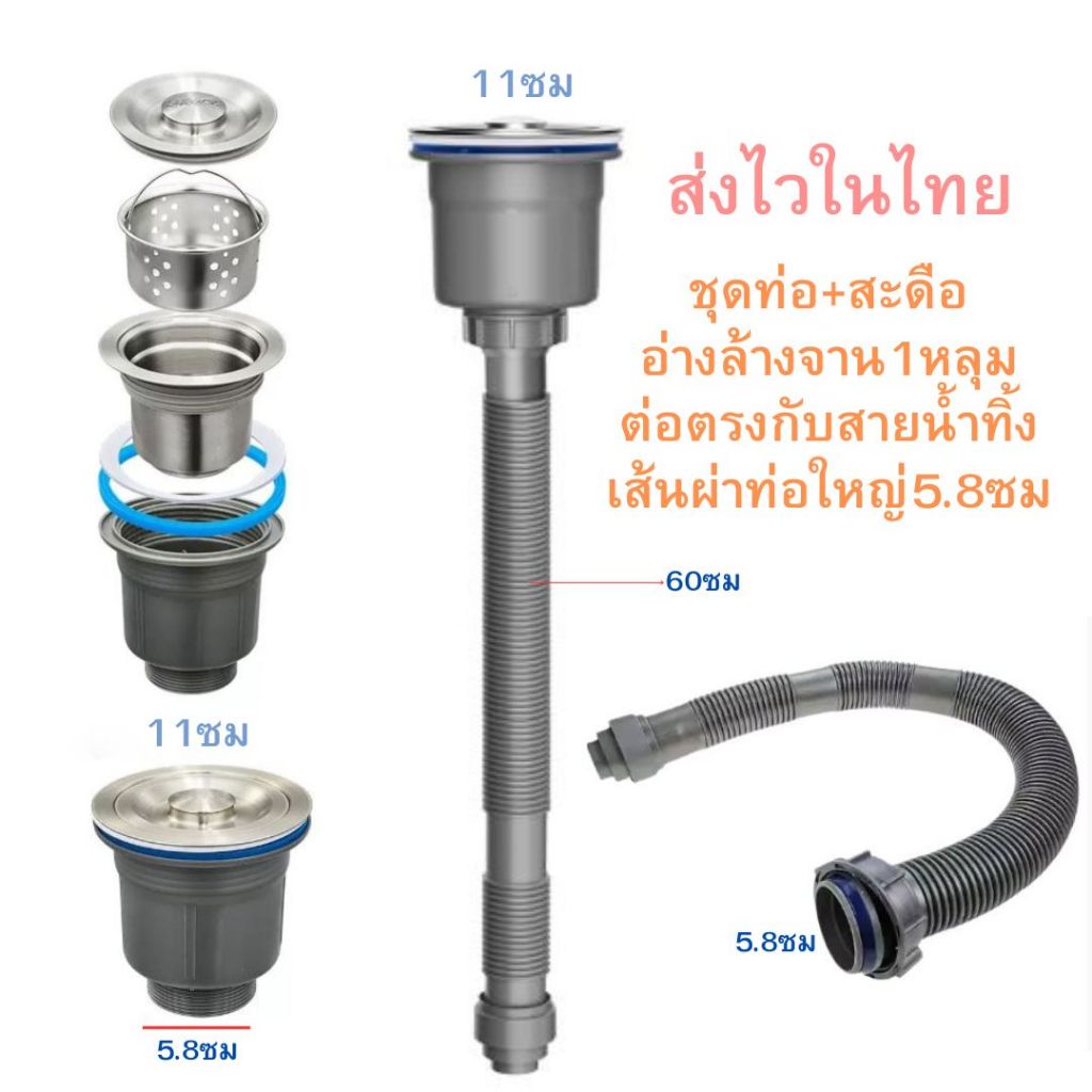 สะดือ+ท่อใหญ่เส้นผ่า5.8ซมต่อท่อแบบต่อตรงอ่างล้างจาน1หลุม
