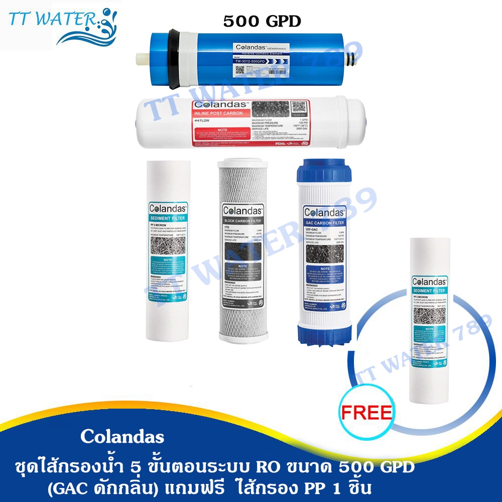 ชุดไส้กรองน้ำ Colandas 5 ขั้นตอน ระบบ RO ขนาด 500 GPD แถมฟรี ไส้กรอง PP colandas 1 ชิ้น