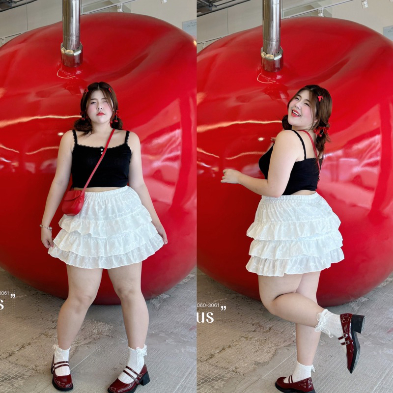 กระโปรงสั้นชั้นๆ สีขาว ผ้าฉลุลายโบว์ สาวอวบ plussize มีกางเกงซับด้านใน ลูกคุณหนูสุดๆ สายคาเฟ่ ทะเล ภูเขาห้ามพลาด