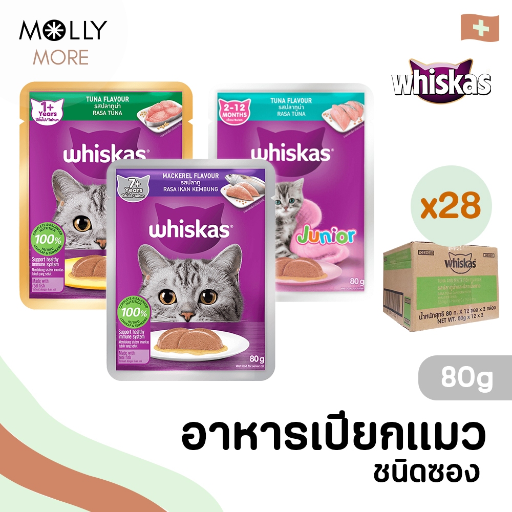MOLLY✨ WHISKAS อาหารแมว ชนิดเปียก (Pouch) แบบซอง (ยกลัง/28ซอง) อาหารเปียกแมว วิสกัส เพาช์ (ขนาด80-85กรัม)