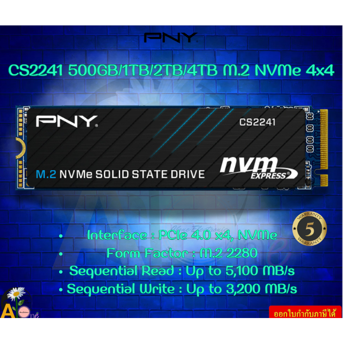 SSD (เอสเอสดี) PNY CS2241 - M.2 2280 NVME 500GB/1TB/2TB/4TB  Interface PCIe Gen4 x4 รับประกันสินค้า5