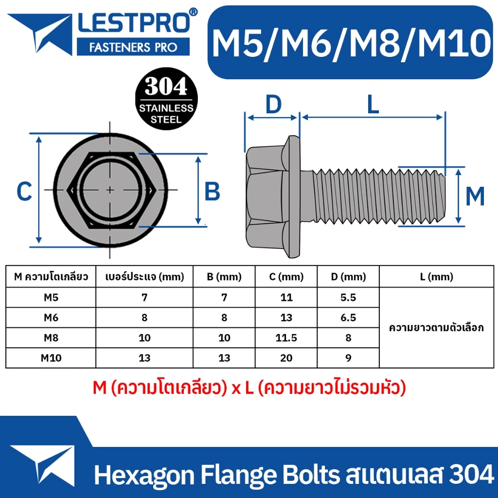 น็อตหัวหกเหลี่ยมติดจาน M5 M6 M8 M10 GB5787 สแตนเลส 304 Hexagon Flange Bolts thumbnail 3