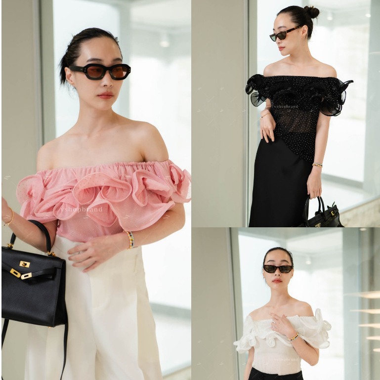 พร้อมส่ง เสื้อปาดไหล่ติดเพชร แต่งระบาย งานป้าย vshopbrand