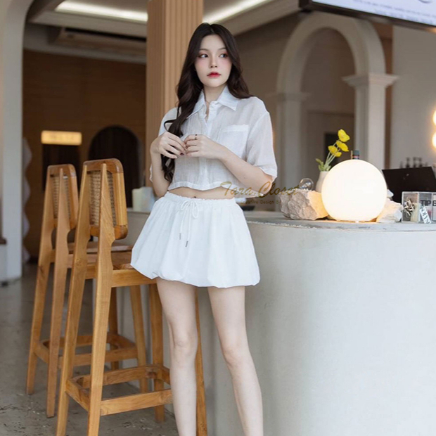 MR013 TARA Shirt Crop เสื้อเชิ้ต ครอป แขนสั้น กระดุมหน้า มีกระเป๋าหน้า เนื้อผ้าเปลือกไม้ติดเพชร ผ้าดี ไม่ต้องรีด ใส่สบาย - รูปที่ 6