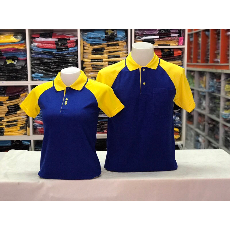 โปโลไหล่สโลปน้ำเงินแขนเหลืองปลายเเขนปล่อยใส่สบาย