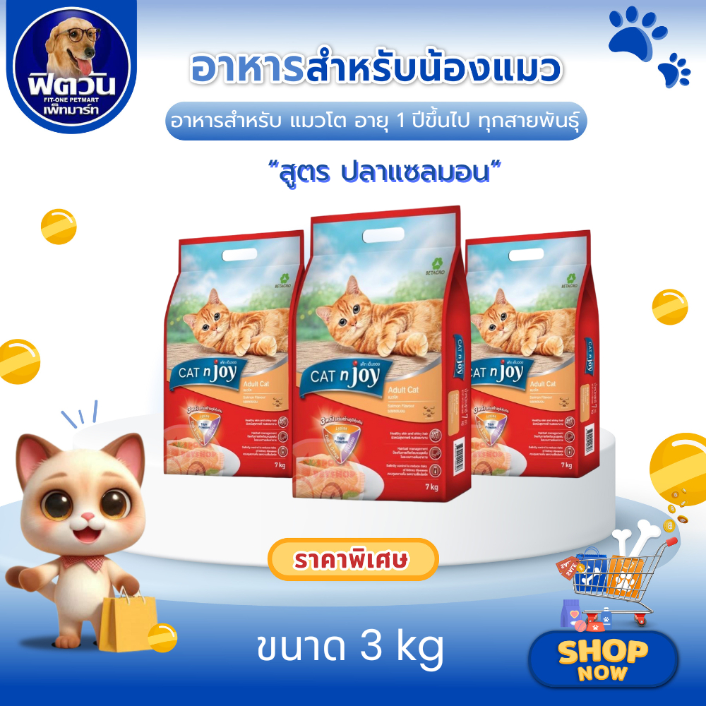 Catnjoy อาหารเม็ด สำหรับแมวโต รสแซลมอน ขนาด 3 กิโลกรัม{อาหารแมวเม็ด}
