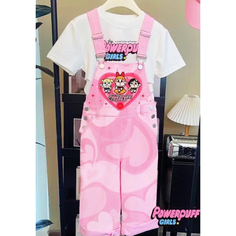 ชุดเซทเอี้ยมผ้ายีนส์+เสื้อ Powerpuff girl ลายหัวใจ สวยหวาน เติมตู้จัดไปเลยจ้า