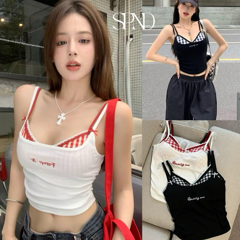 𝐒𝐏𝐍𝐃 【พร้อมส่ง】 เสื้อครอปสายเดี่ยว 2ชั้น บราลายสก็อต เสริมฟองน้ำ น่ารักไม่ไหว Lady 2024
