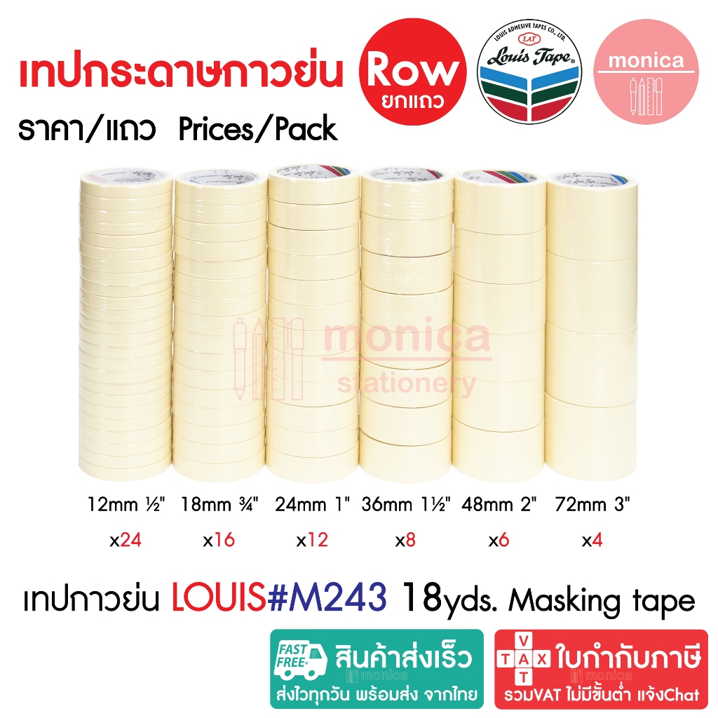ส่งฟรี (ยกแถว) เทปกาวย่น Louis Masking Tape M243 18Y 12 18 24 36 48 72mm เทปย่น กระดาษกาว เทปหนังไก่