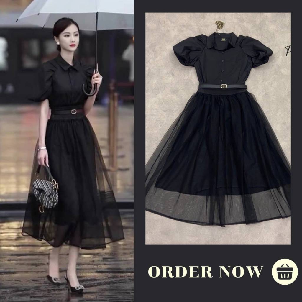 พร้อมส่งรีบสั่งนะคะ S-XL เสื้อเชิ้ตสีดำ + กระโปรงยาวผ้าซีทรู พร้อมเข็มขัดเข้าชุด งานป้าย Pisamai