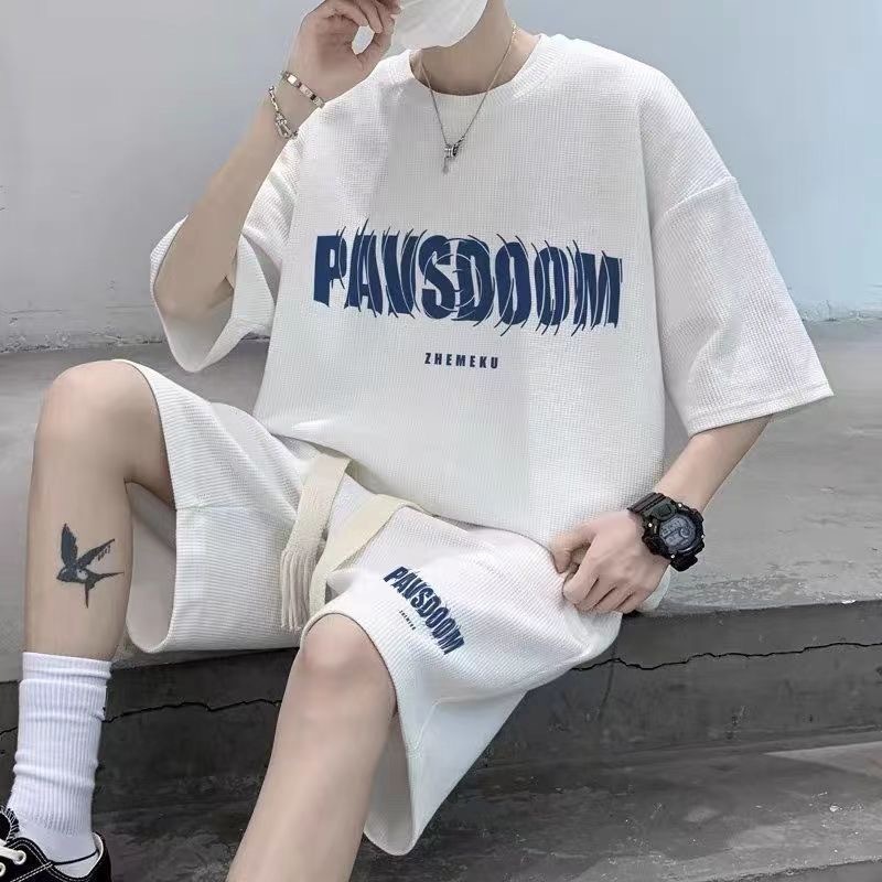 ใหม่ เสื้อผ้าผู้ชาย ชุดเซ็ต2ชิ้น พิมพ์ลาย ผ้าวาฟเฟิล เสื้อยืดคอกลมแขนสั้น+กางเกงขาสั้น สไตส์เกาหลี
