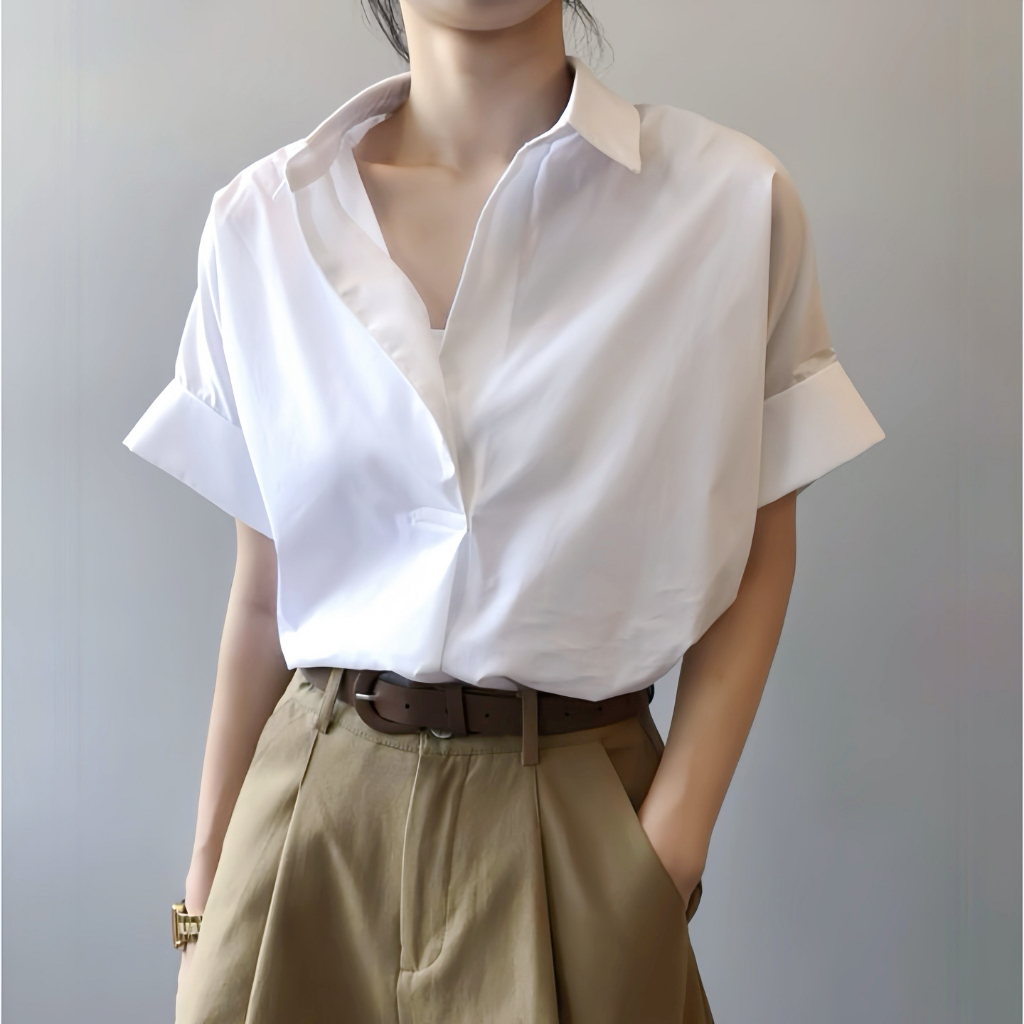 CICI_shop2 | เสื้อเชิ้ตแกนค้างคาว Lucky Woman ทรงหลวม สีขาว สไตล์เกาหลี สำหรับผู้หญิง Clothing Lady #057