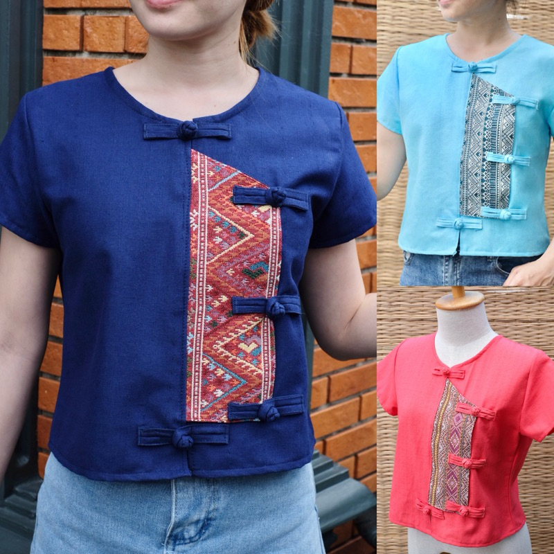 เสื้อพื้นเมือง แบบป้ายแต่งลายทอ ผ้าฝ้ายเยื่อไผ่
