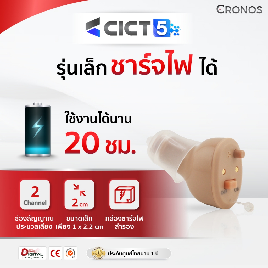 CRONOS รุ่น CICT5 เครื่องช่วยฟังดิจิตอล สำหรับผู้สูงอายุ คนหูตึง ลดเสียงรบกวน ขนาดเล็กชาร์จไฟได้
