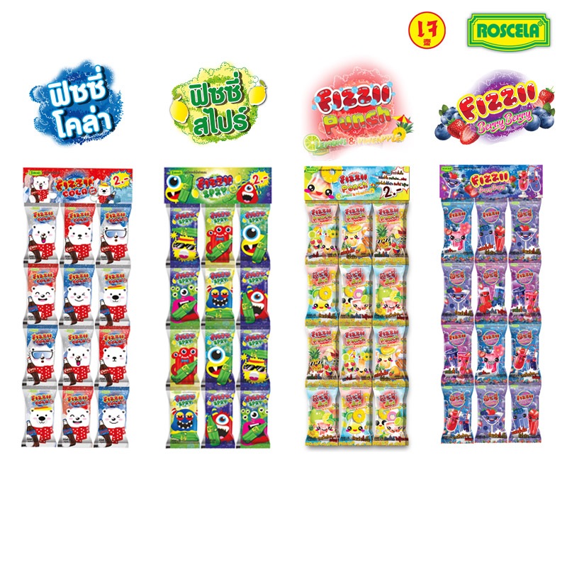 FIZZII ฟิซซี่ ผงโคล่า/ผงสไปร์/ผงเลม่อนและสับปะรด/ผงสตรอเบอร์รี่และบลูเบอร์รี่ ตราโรสเซล่า (1 แพ็ค มี 24 ซอง)