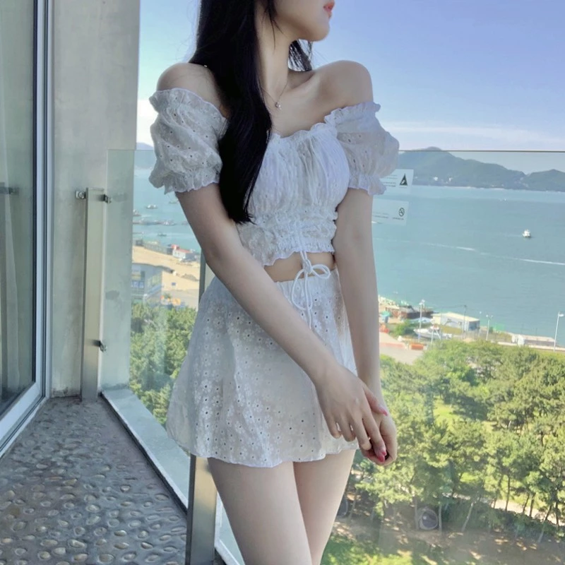 ชุดว่ายน้ำผู้หญิง ทูพีช กระโปรง เอวสูง เกาะอก ผ้าแห้งเร็ว thumbnail 6