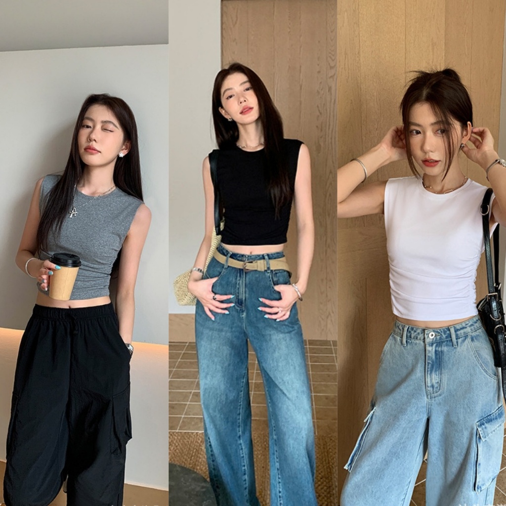 Beryl เสื้อกล้ามแขนกุดสีเทา เสื้อยืดตัวสั้นเข้ารูปใส่ด้านนอกสไตล์สาวฮอตฤดูร้อน