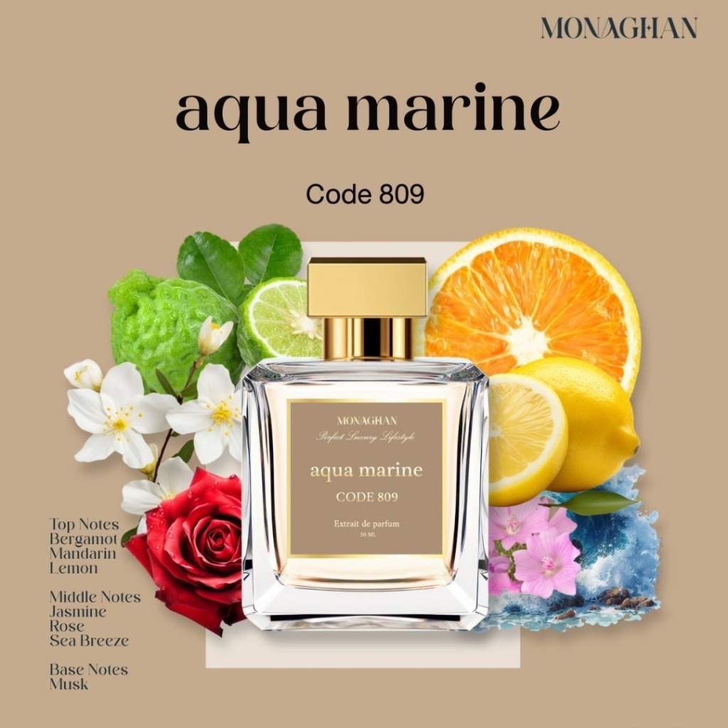 aqua marine Code 809 10 ML / 50 ML น้ำหอมผู้ชาย กลิ่นสดชื่นเพิ่มเอเนจี้ Monaghan Perfume โมนาฮันน้ำหอมนิชแบรนด์ไทยคุณภาพ
