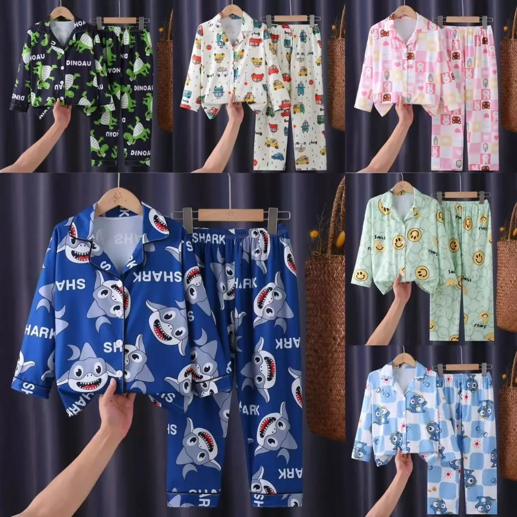ชุดนอนเด็กเซตแขนยาว+ขายาว ทรงเปิด นื้อผ้าคอตตอลผสมนุ่มใส่สบาย ชุดนอนห้องแอร์ ชุดนอนฤดูหนาว