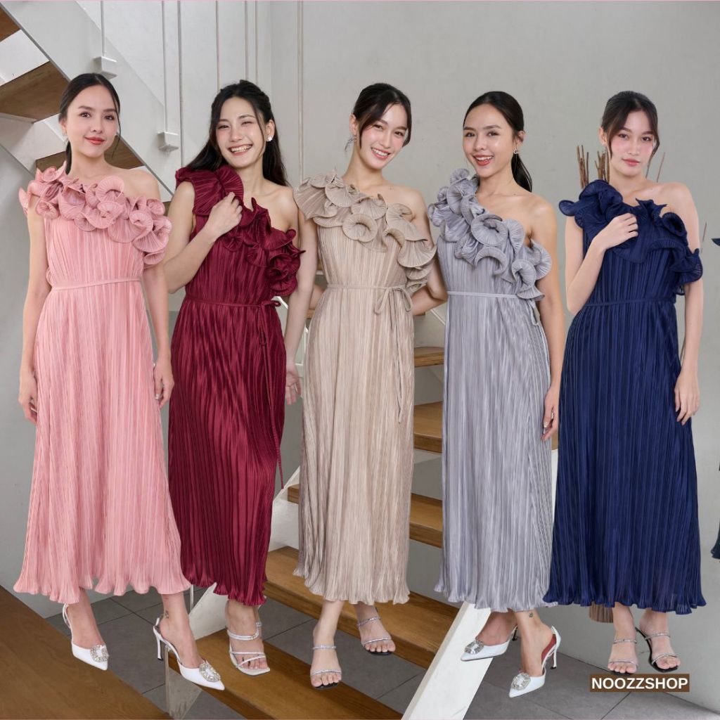 NOOZZSHOP 5211152 เดรสยาวผ้าพลีม มีเชือกผูกเอวให้ เดรสออกงาน ชุดไปงาน