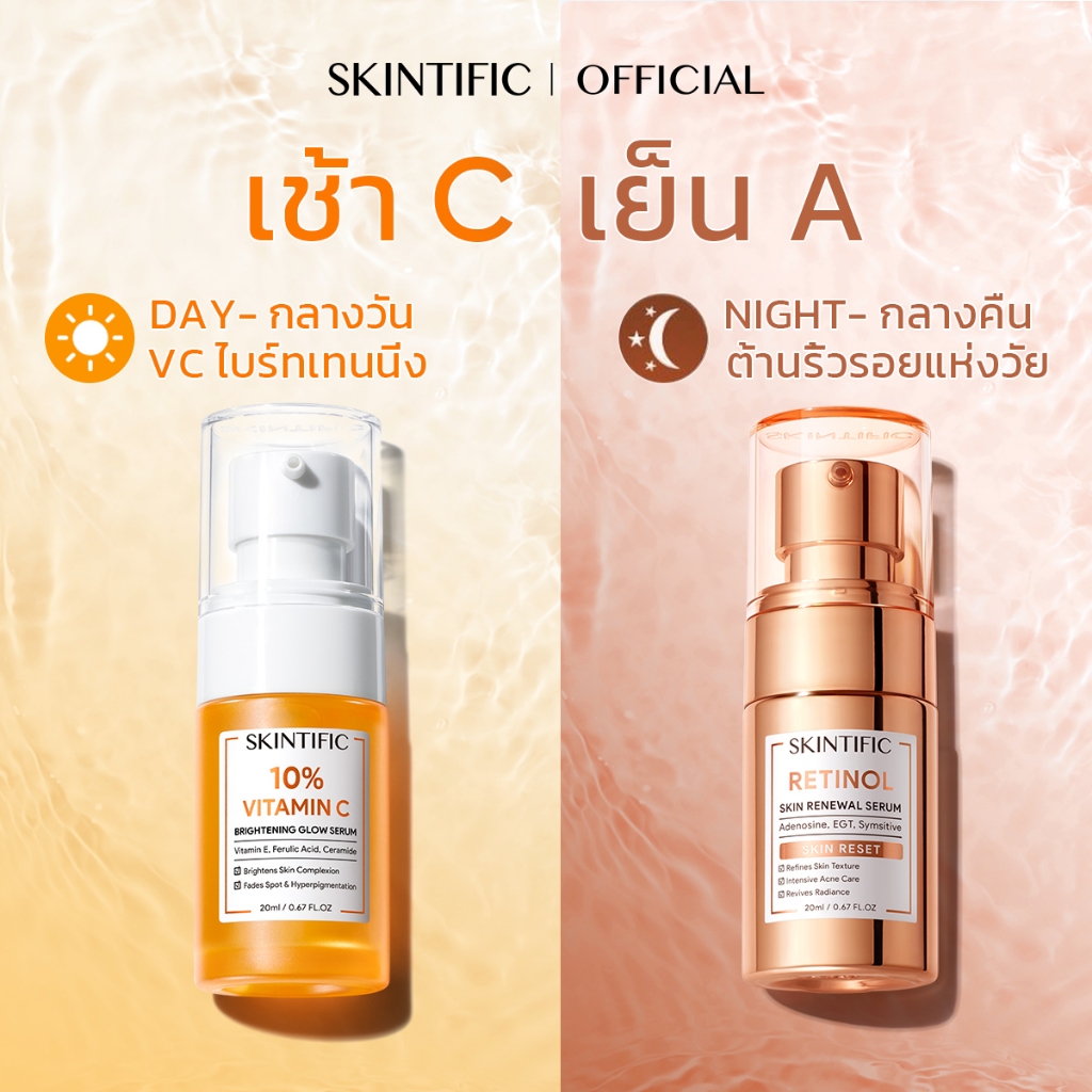 SKINTIFIC 2pcs Retinol Skin Renewal Serum เซรั่มเรตินอลเพื่อผิวอ่อนเยาว์ Vitamin C ไบร์ทเทนนิ่ง โกลว