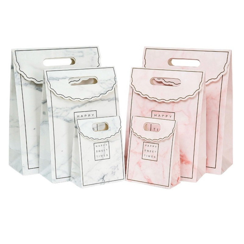 ถุงกระดาษสีพื้น ลายหินอ่อนมีกรอบ Happy Sweet Time ถุงของขวัญมีหูหิ้ว3เหลี่ยม ถุงกระดาษใส่สินค้า ห่อของขวัญ 3 ขนาด