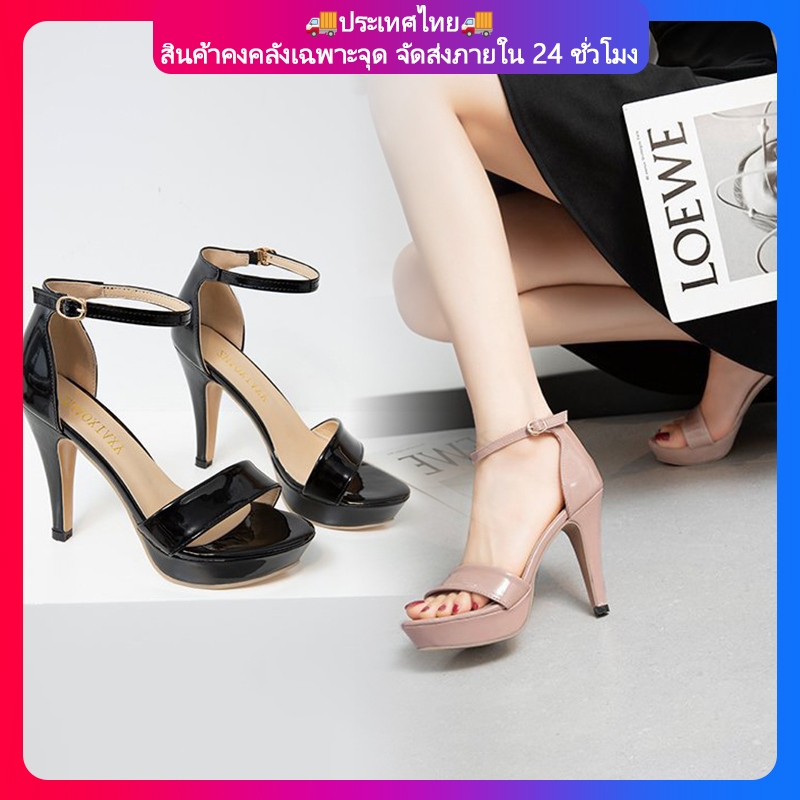 🔥ประเทศไทย🚚จัดส่งภายใน 24 รองเท้าส้นสูงเปิดนิ้วเท้า 4 นิ้ว หนังนิ่มใส่สบายไม่เจ็บเท้าหัวเข็มขัด แฟชั่นสําหรับผู้หญิง