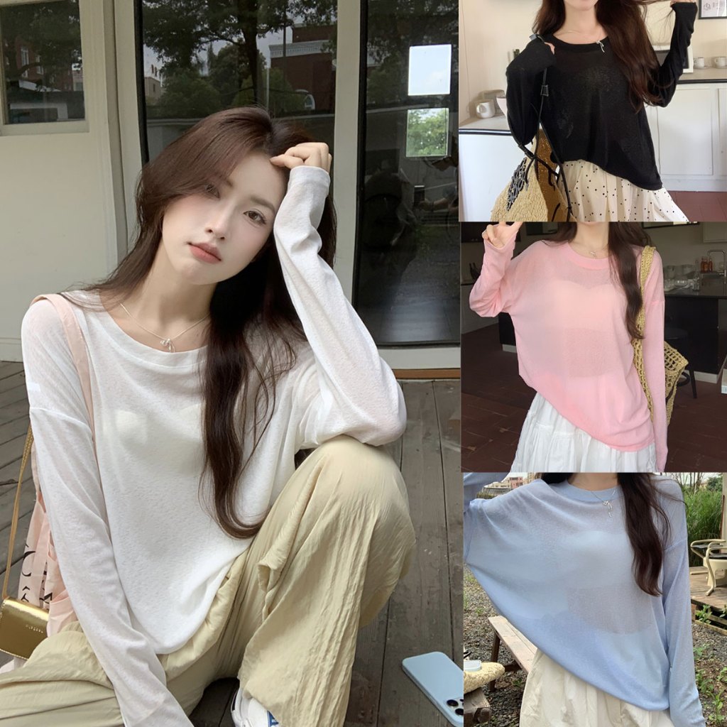 Dahong 🔥 เสื้อยืดแขนยาวผู้หญิงแฟชั่น ทรงหลวม ชุดป้องกันแสงแดดของผู้หญิงเกาหลี แฟชั่น V079