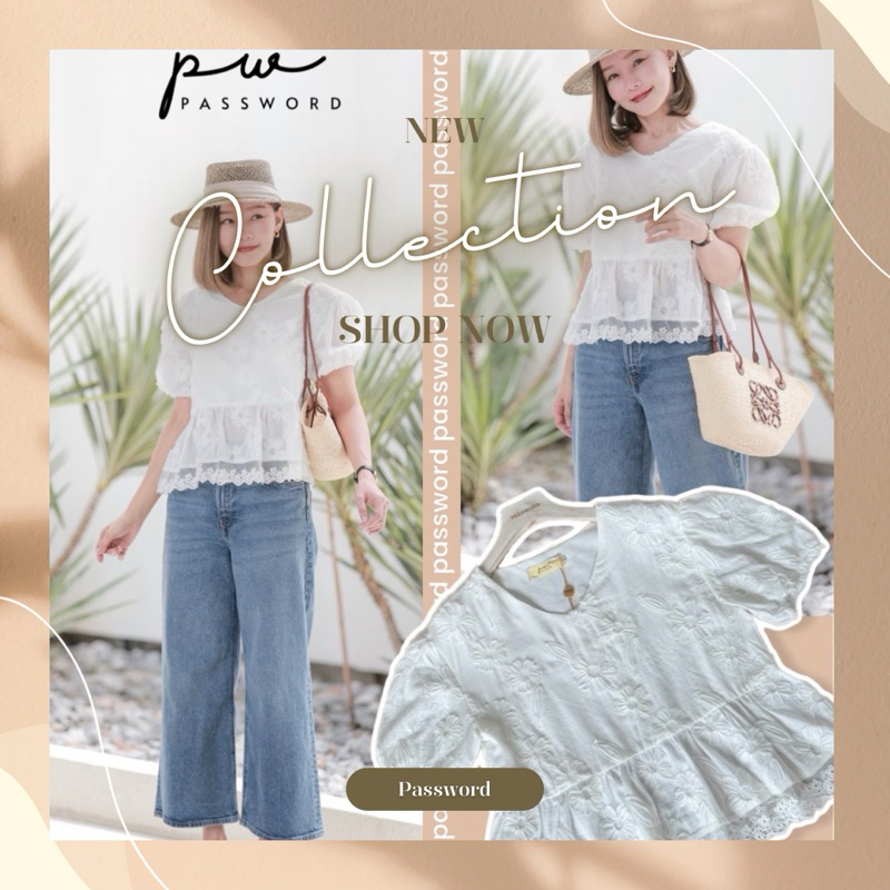 password 6136 เสื้อผ้าคอตตอนแขนพอง ชายระบาย ดีเทลเนื้อผ้าลายดอกไม้นูนนุ่มนิ่ม