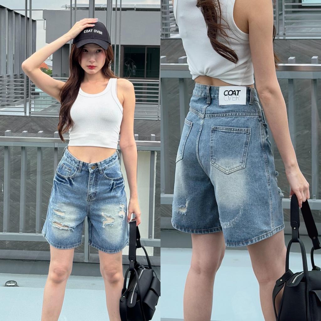 CO0838 Unisex กางเกงยีนส์ขาสั้นกระบอก 3 ส่วน