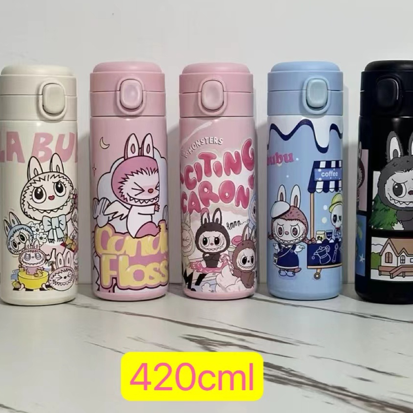 ขวดน้ำ มีหูหิ้ว วัสดุสแตนเลส 304 แถมหลอด 420ml เก็บความร้อนความเย็น LL420