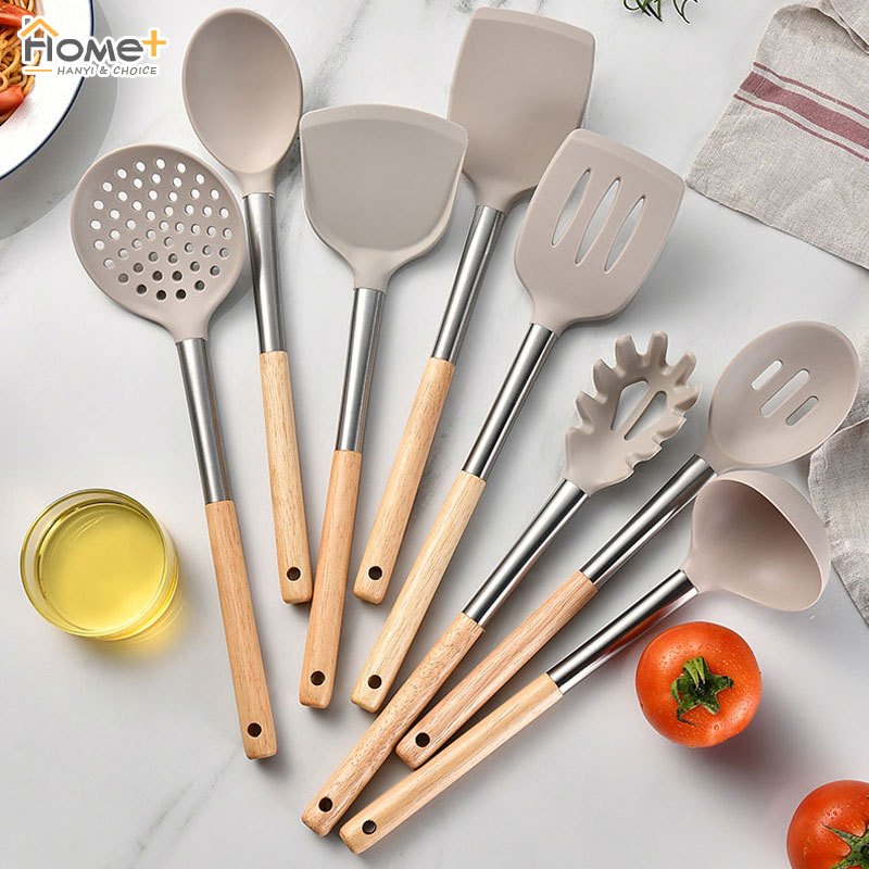 ไม้พายซิลิโคน ทัพพี ตะหลิว ไม่ติดผิว ทนความร้อนสูง สําหรับทําอาหาร อาหาร ในครัวเรือน ซิลิโคนสีเทา ด้ามไม้ อุปกรณ์ในครัว