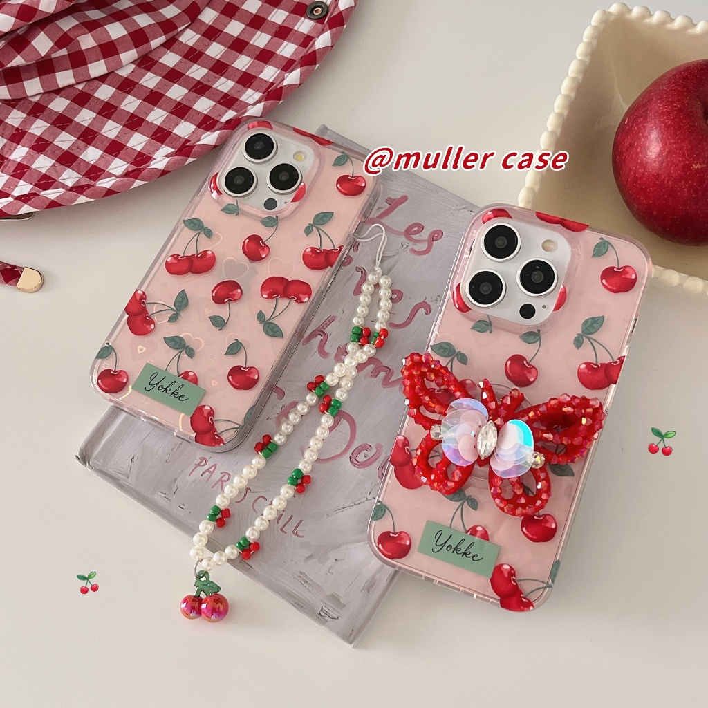 พร้อมส่ง เคสไอโฟน 15 14 13 12 Pro Max กระชับ เชอร์รี่ ผีเสื้อ cherry สายห้อย สําหรับ Case for iPhone 12 13 14 15 pro max