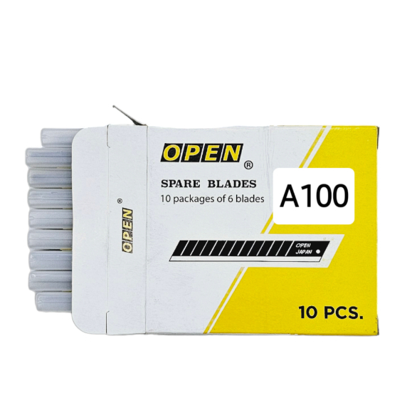 ใบมีดคัตเตอร์ OPEN A100 (กล่องเหลือง)ใบเล็ก (ยกกล่อง10ซอง 60 ใบมีด)
