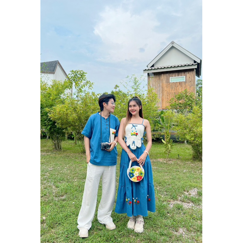 ชุดเซตสายเดี่ยวผูกโบว์ สีคราม