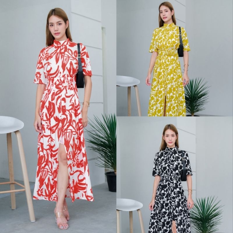 Ramsita Rebecca Midi Dress เดรสยาวผ่าหน้า คอตั้ง ลายกราฟฟิค ชุดไปคาเฟ่ ชุดไปทะเล ชุดไปช้อปปิ้ง ชุดไปงาน ชุดทำงาน