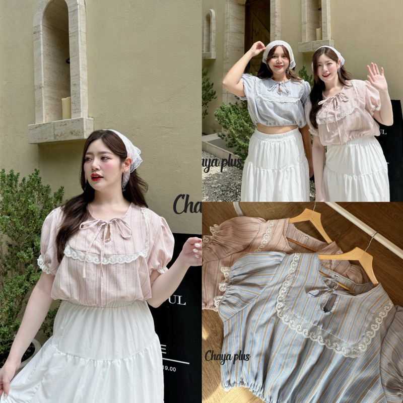 (LD) เสื้อครอป แขนตุ๊กตา แต่งลูกไม้ ผ้าลายสก็ต หวานๆ สไตล์แม่ชม ละมุนมาก เสื้อผ้าสาวอวบอ้วน พลัสไซส์ ไซส์ใหญ่