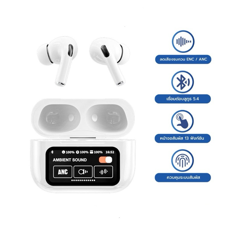 ใหม่ A9Pro anc หูฟังไร้สายบลูทูธหน้าจอสัมผัสอัจฉริยะ 5.4 พร้อมไมโครโฟน IPX5 ลดเสียงรบกวน TWS หูฟังบลูทูธ